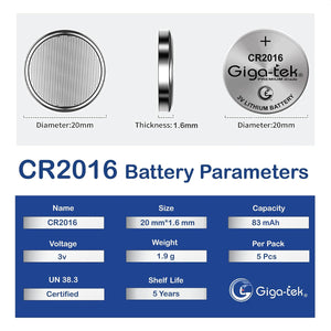 Giga-tek CR2016 Lithium Coin Battery - Pack of 1