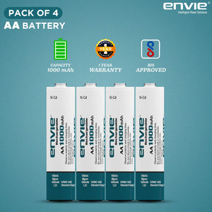 ENVIE® (AA10004PLNi-CD) Quick Rechargeable AA 1000mAh Ni-CD Batteries, Low Self Discharge, Rechargeable Upto 500 Times (Pack of 4)