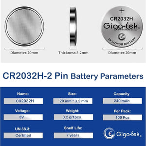 Gigatek 2 Pin CR2032 3V Lithium Coin Cell (Pack of 25)